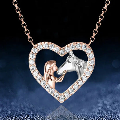 Girl and Horse Necklace for Women Girls Heart Diamond Pendant Necklace Horse Jew