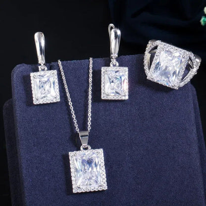 Gloriya Elegant Amethyst Purple CZ Square Pendant Chain Necklace Earrings and Ri