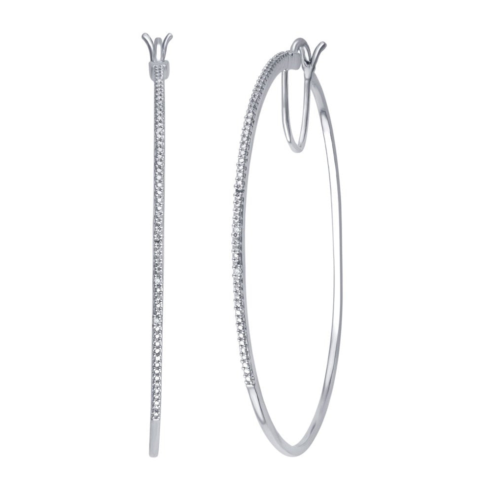 Genuine 0.02 Carat Natural Diamond Accent Hoop Earrings in 14K White Gold Plated