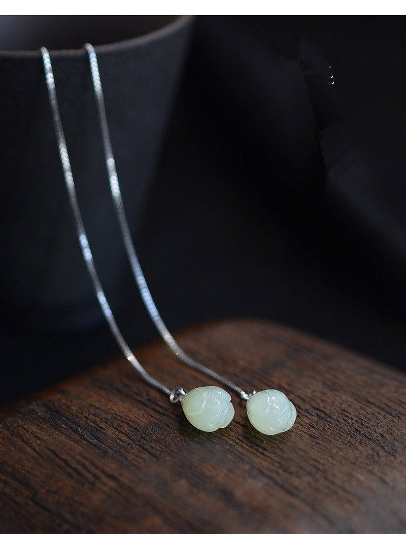 S925 Sterling White Fungus Line Female Hetian Jade Retro Style Earrings Lotus Fl