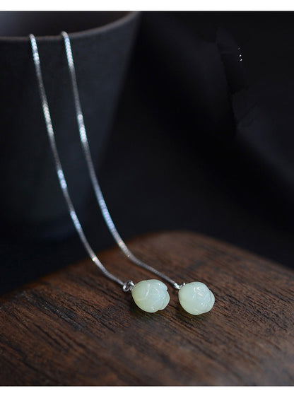 S925 Sterling White Fungus Line Female Hetian Jade Retro Style Earrings Lotus Fl
