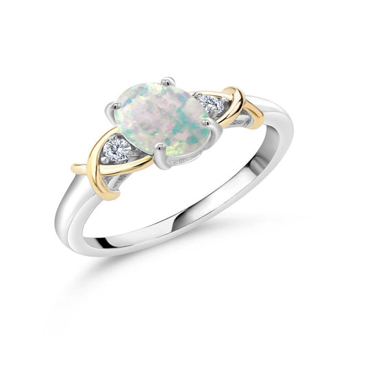 2 Tone 10K Yellow Gold and 925 Sterling Silver Oval Cabochon White Simulated Opa