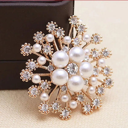 Fashion Women Big Brooches Lady Snowflake Imitation Pearls Rhinestones