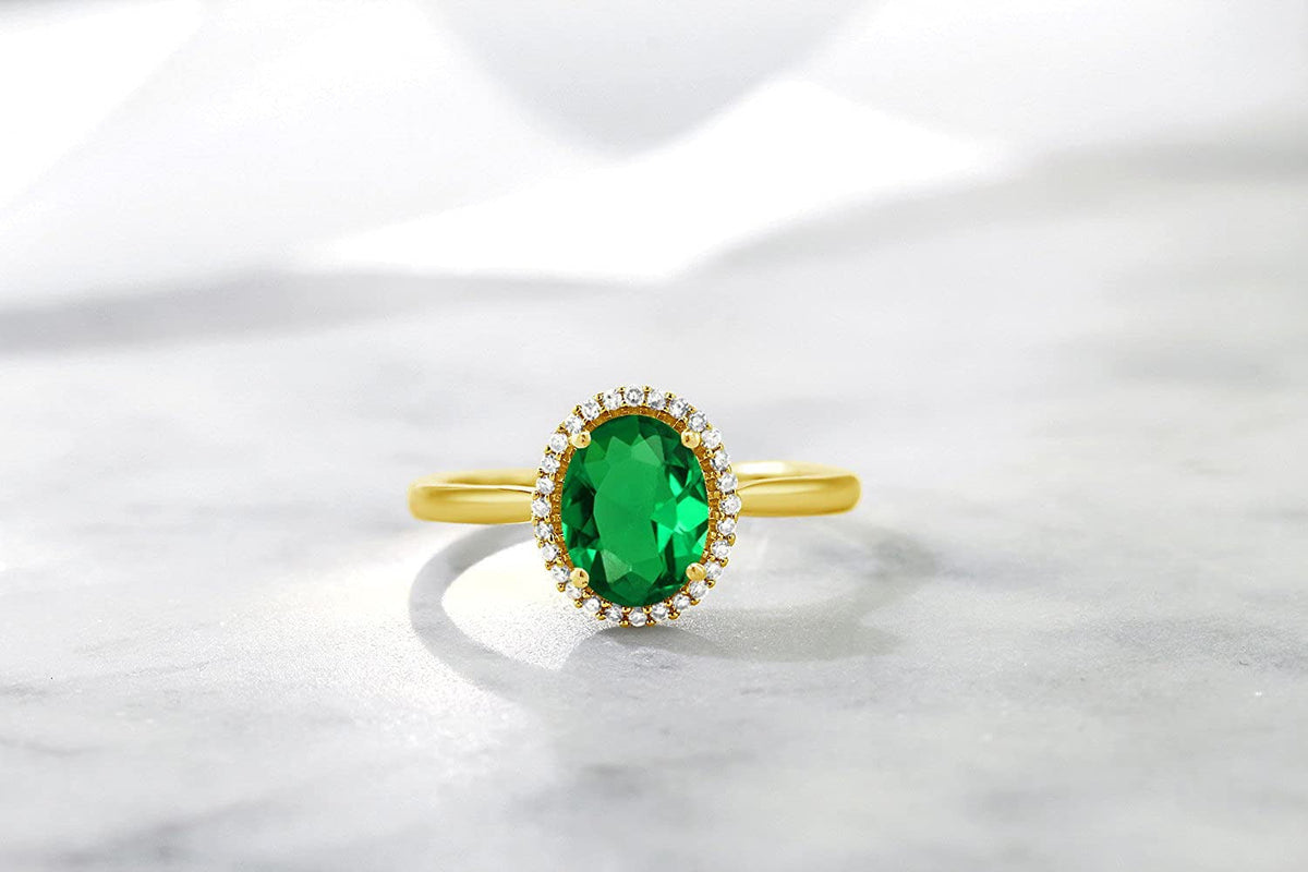 10K Yellow Gold Green Simulated Emerald and Diamond Women Engagement Ring (1.00