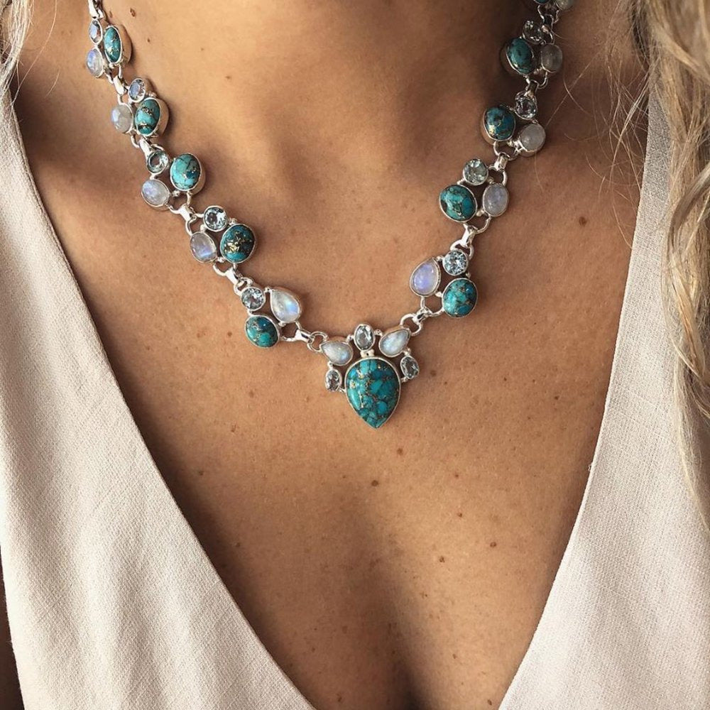 European and American Turquoise Opal Diamond Alloy Necklace