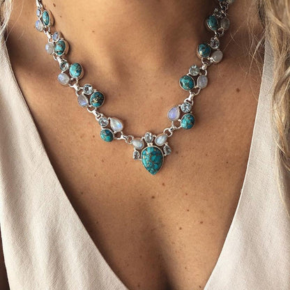 European and American Turquoise Opal Diamond Alloy Necklace