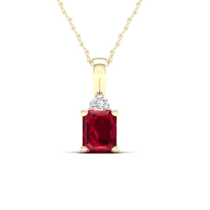 Imperial Gemstone 10K Yellow Gold Octagonal Cut Ruby and Diamond Pendant Necklac