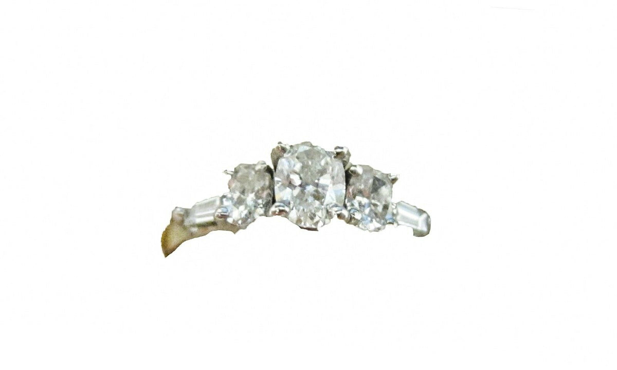 DIAMOND THREE OVAL CENTER SET SIDE TWO TAPERED BAGUETTE SHAPE ENGAGEMENT RING