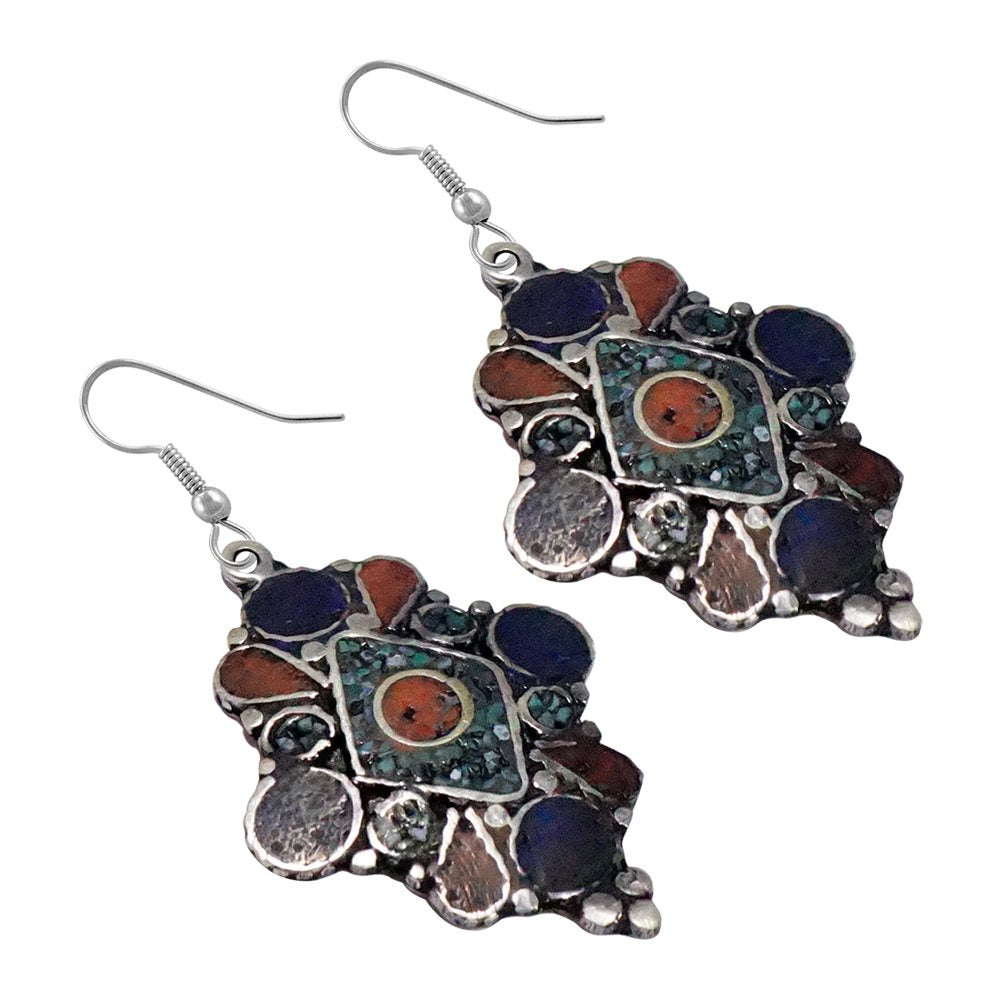 Ethnic Tribal Gypsy Drop Earrings for Women Compressed Coral, Turquoise and Lapi