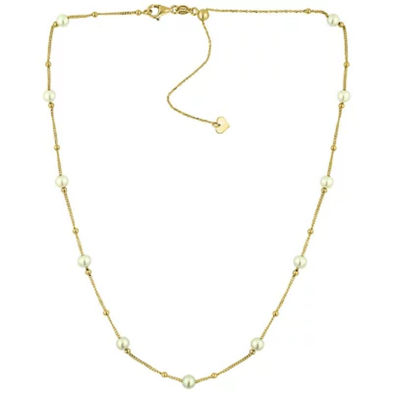 14K Freshwater Cultured Pearl and High Polish Bead Necklace, 18"