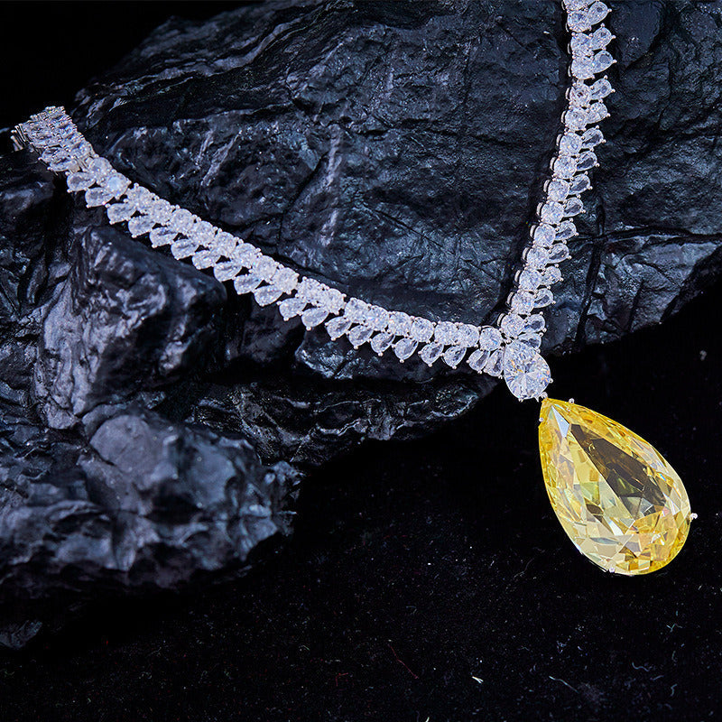 Pear-Shaped Yellow Diamond Necklace with Water Drop Zircon