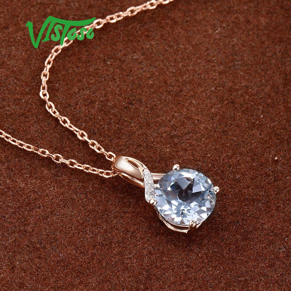 Gold Pendant for Women Genuine 14K 585 Rose Gold Radiant Blue Topaz Sparkling Di