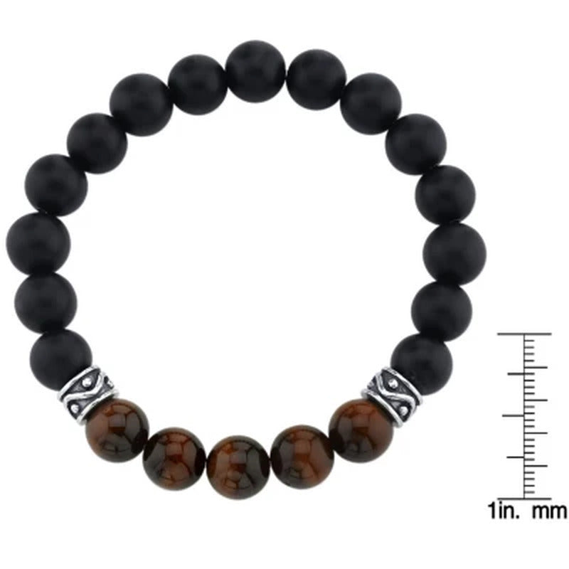 Spartan Sterling Silver and Red Tiger Eye with Black Agate Gents Bead Bracelet
