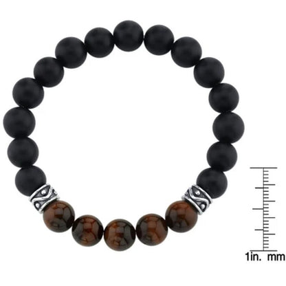 Spartan Sterling Silver and Red Tiger Eye with Black Agate Gents Bead Bracelet