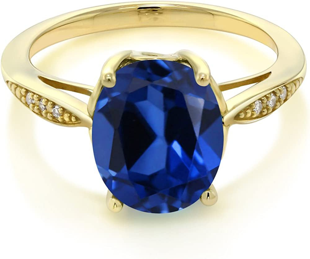 14K Yellow Gold Blue Created Sapphire and Diamond Women Ring (3.34 Ct Oval, Avai