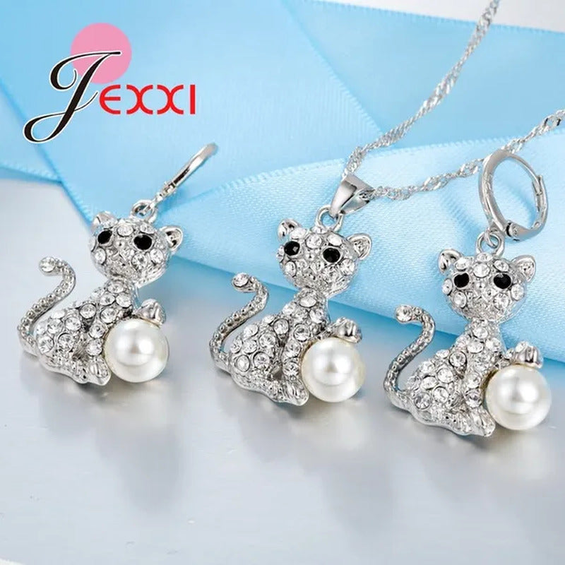 Cute Cat with Fine CZ Diamond and Pearl Ball 925 Sterling Silver Fashion Jewelry