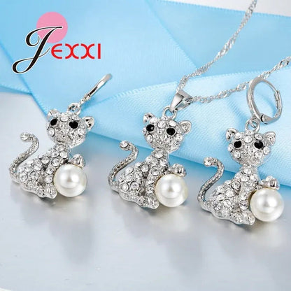 Cute Cat with Fine CZ Diamond and Pearl Ball 925 Sterling Silver Fashion Jewelry