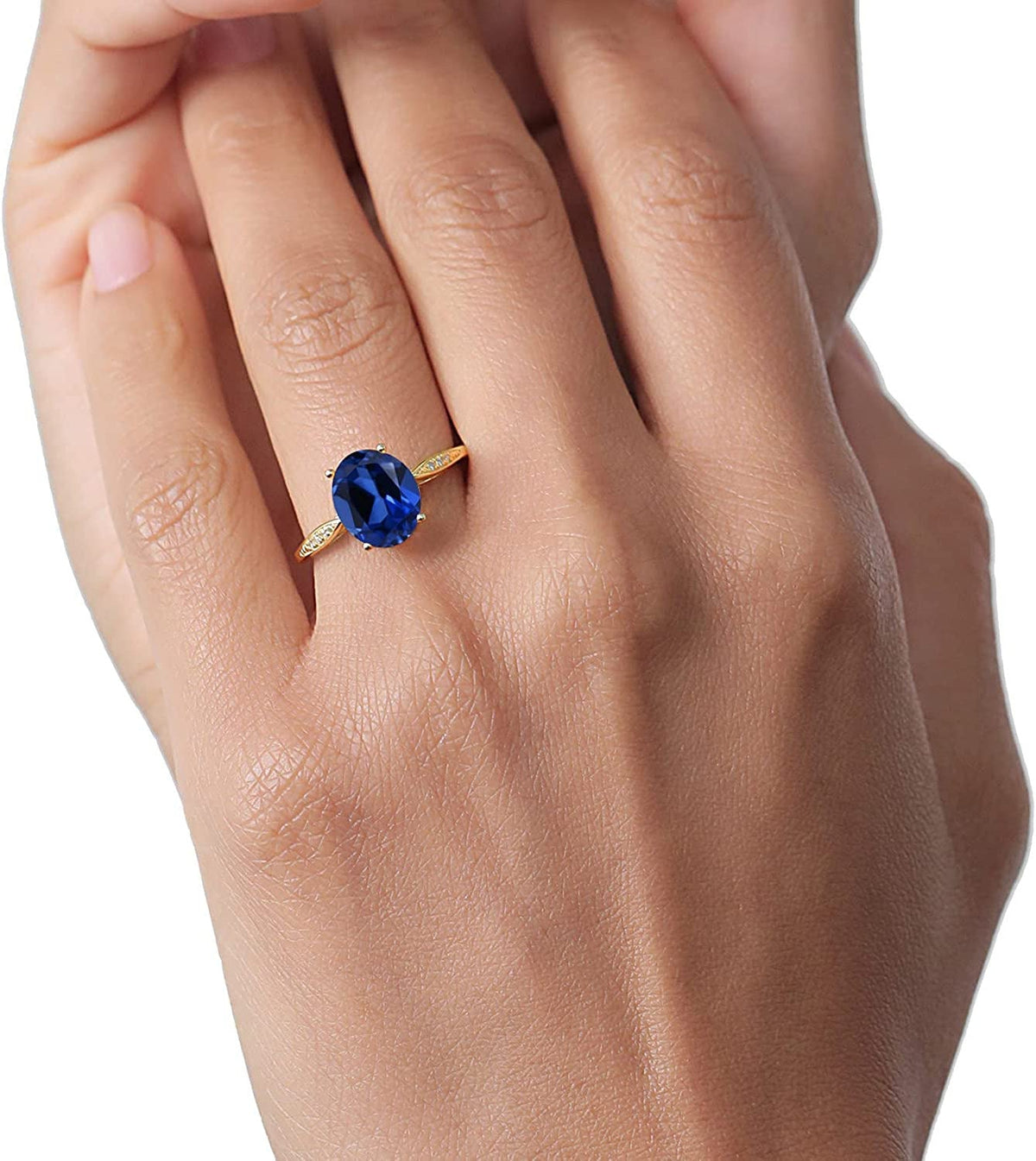 14K Yellow Gold Blue Created Sapphire and Diamond Women Ring (3.34 Ct Oval, Avai