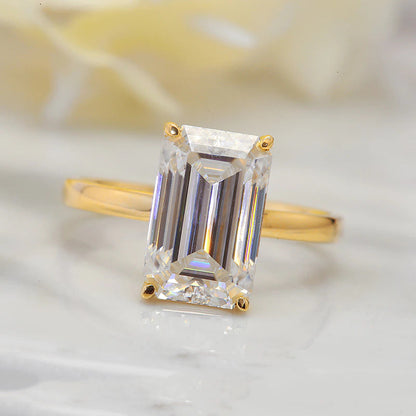 Real 14K Yellow Gold Emerald Brilliant Cut Moissanite Engagment Halo Ring 4.0