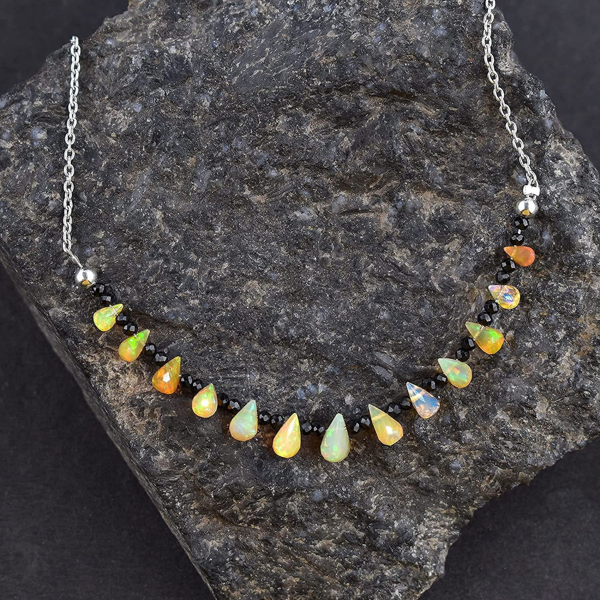 ® Ultra Premium Natural Welo Opal Drops & Black Spinel Gemstone Beads Dainty Nec