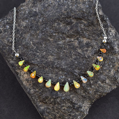 ® Ultra Premium Natural Welo Opal Drops & Black Spinel Gemstone Beads Dainty Nec