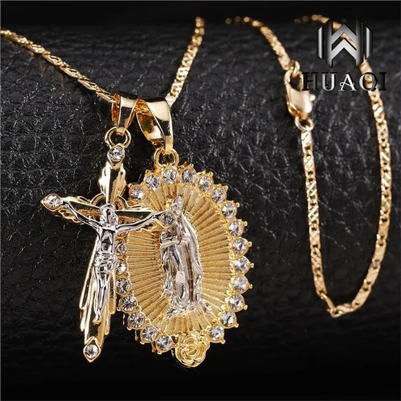 New Fashion18K Gold Plated Setting CZ Diamond Virgin Mary Necklace + Cross Neckl