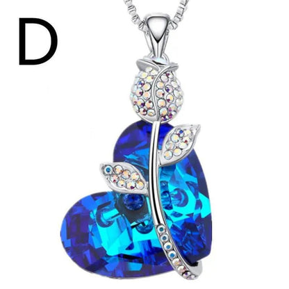 Fashion Heart Blue Crystal Necklace Double Layer Rose Zircon Pendant Engagement