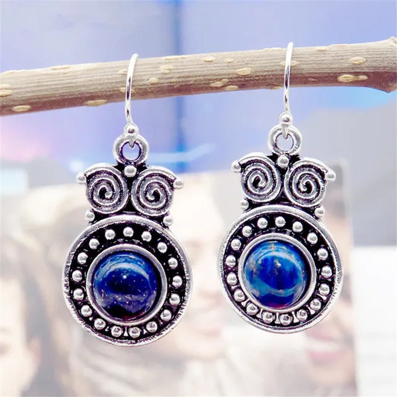 Retro Tibetan Silver Natural Ruby Sapphire Inlay Owl Ear Hook Dangle Earrings Gi