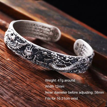 Real 999 Pure Silver Dragon and Phoenix Bangles for Men Heart Sutra Engraved