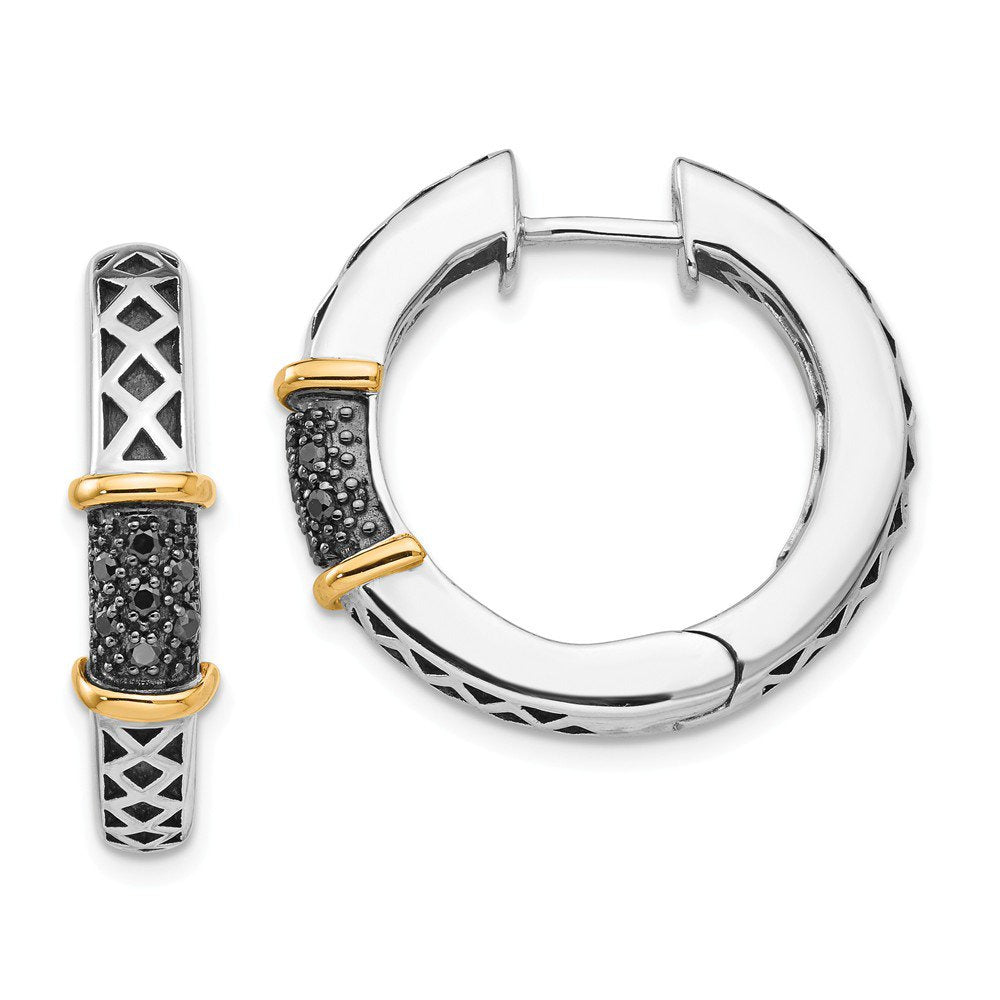 Solid 925 Sterling Silver 14K Yellow Gold Vintage Antiqued Black Diamond Hinged