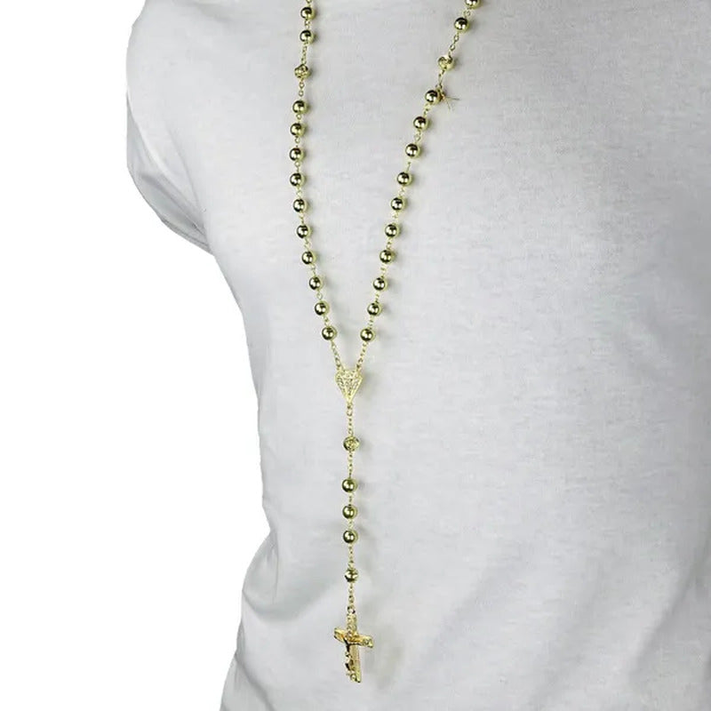 HOT Mens Hip Hop 8Mm GOLD Beads 14Kt Diamond-Shape Rosary & Jesus Cross Necklace