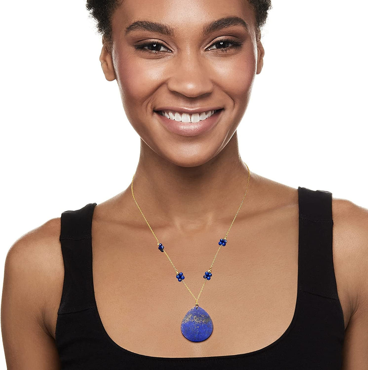 Lapis Teardrop and Station Pendant Necklace in 18Kt Gold over Sterling