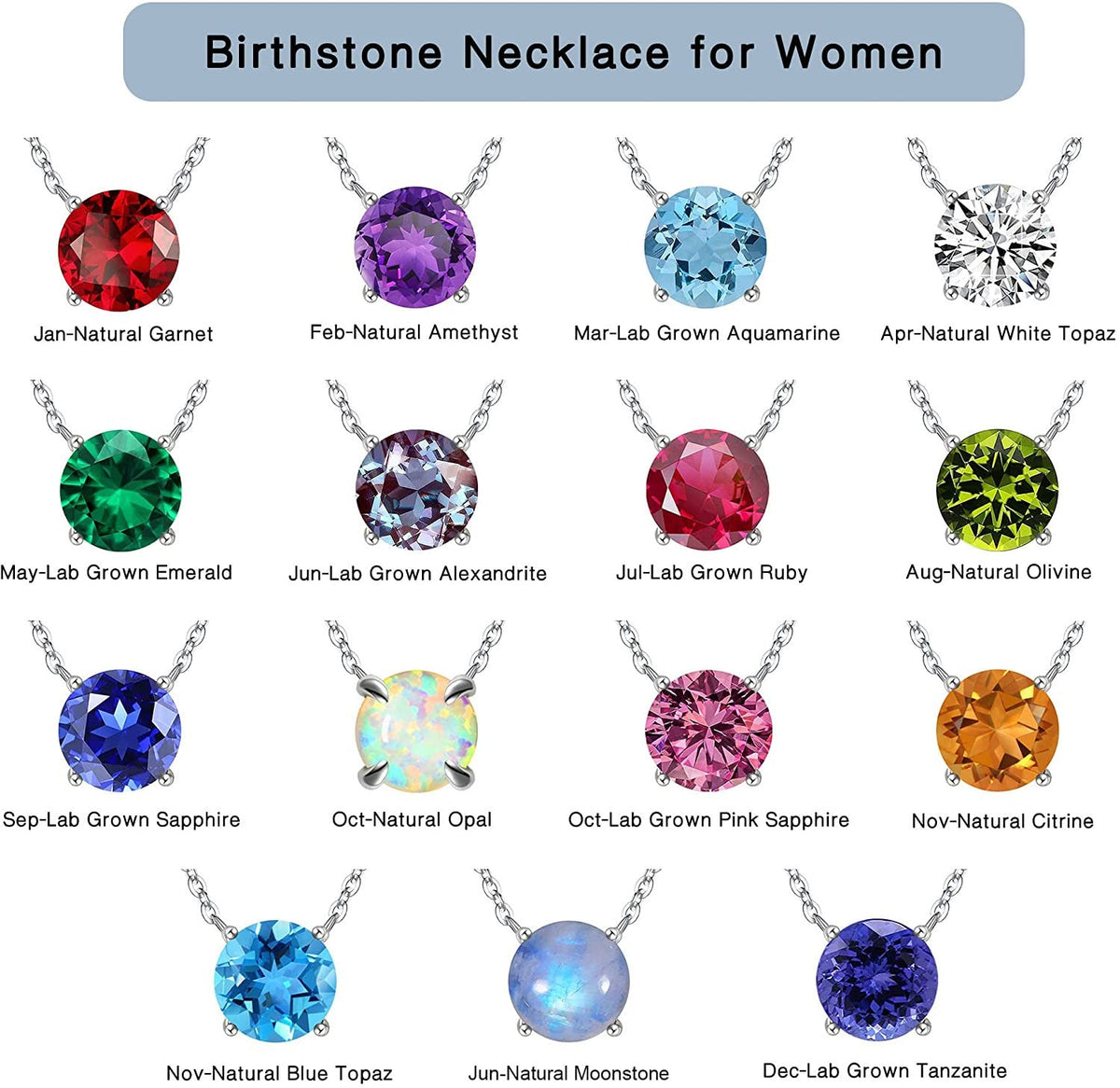 Valentines Day Gifts for Her, Sterling Silver Birthstone Pendant Necklace with 1