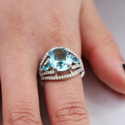 925 Silver Sea Blue Aquamarine Ring Anniversary Fashion Jewelry Anniversary Stat