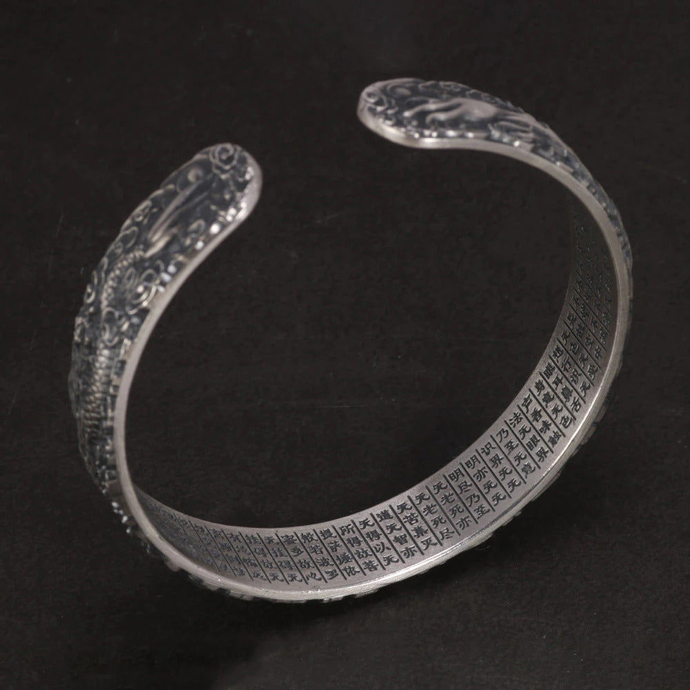 Real 999 Pure Silver Dragon and Phoenix Bangles for Men Heart Sutra Engraved