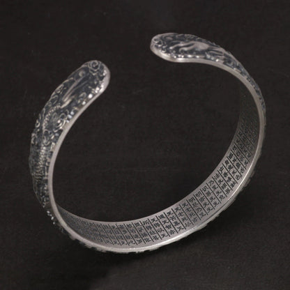 Real 999 Pure Silver Dragon and Phoenix Bangles for Men Heart Sutra Engraved