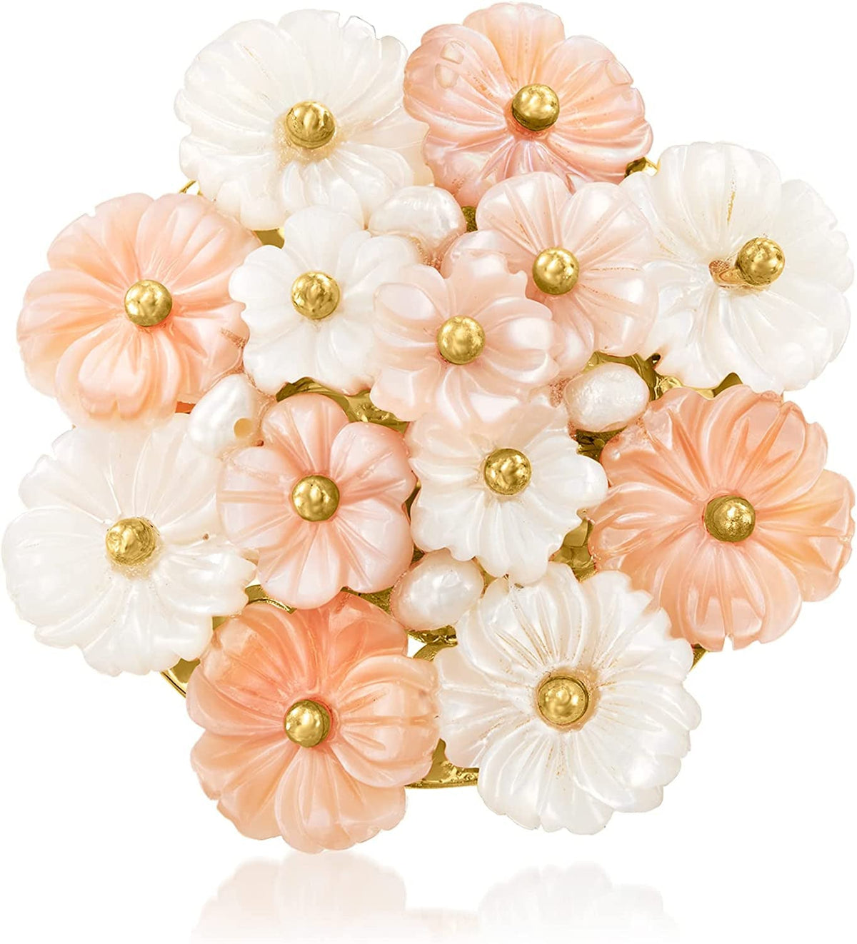Italian Pink and White Mother-Of-Pearl Flower Ring with Cultured Semi-Baroque Pe