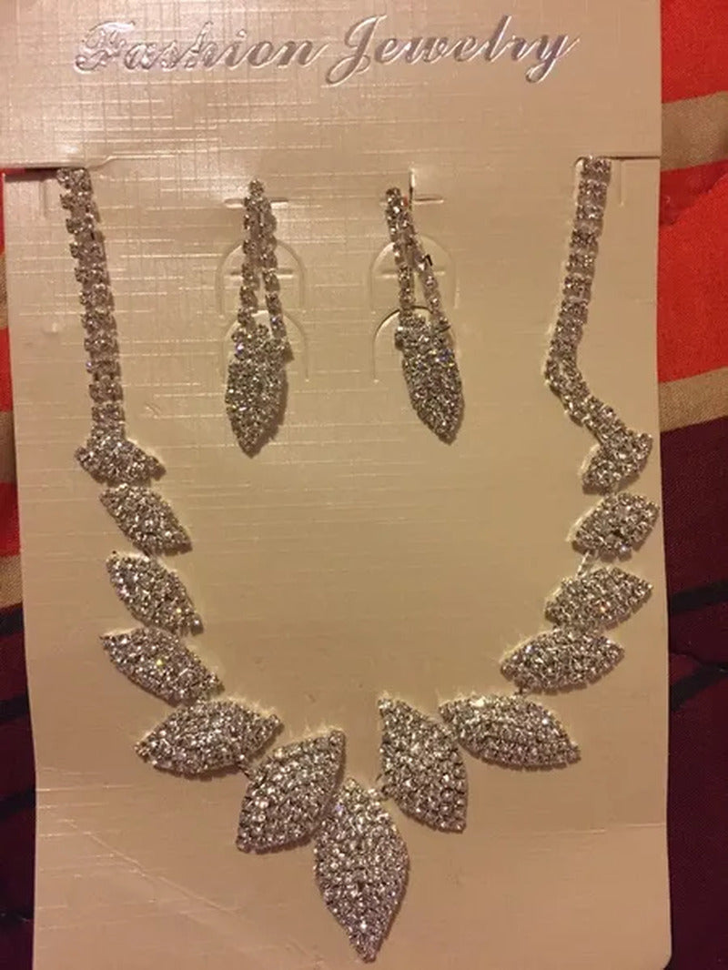 Women‘S Fashion Charm Leaf Necklace Rhinestone Earrings Wedding Party Jewelry Se