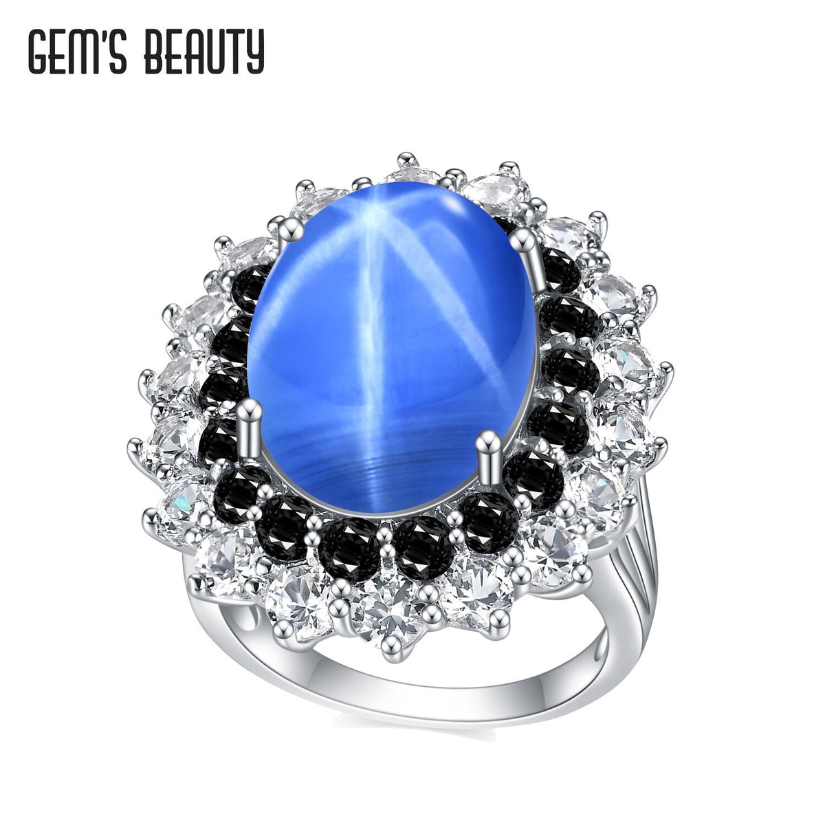 12X16Mm Lab Star Sapphire Rings 925 Silver Big Flower Rings with Lab Sapphire