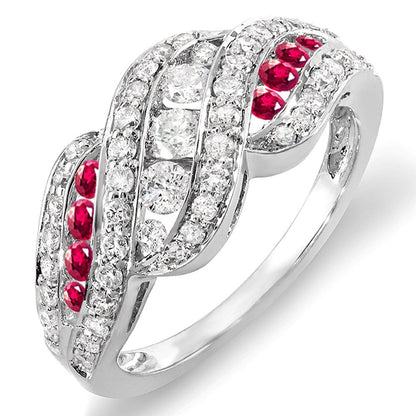 Collection 14K round White Diamond and Ruby Ladies Cocktail Right Hand Ring, Whi