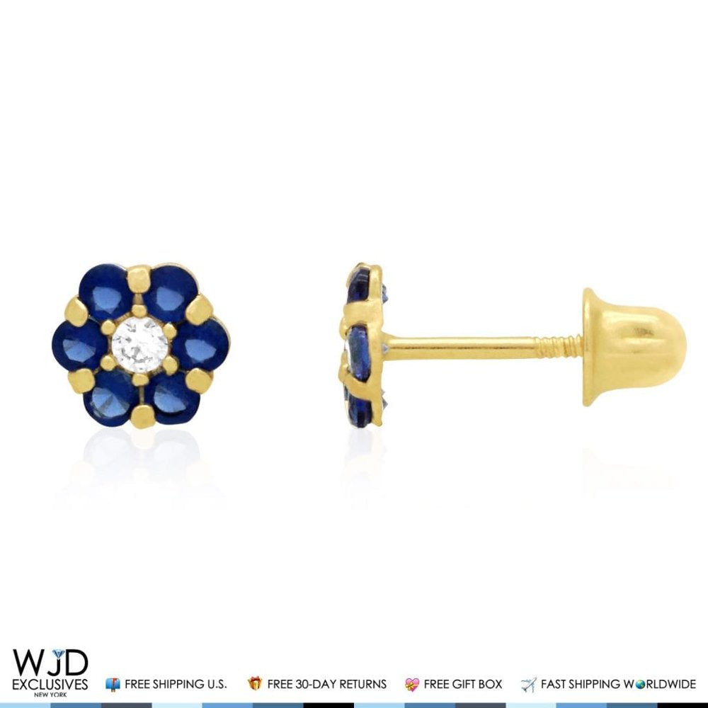 14K Yellow Gold Diamond and Sapphire Flower Screwback Stud Earrings 0.70Ct