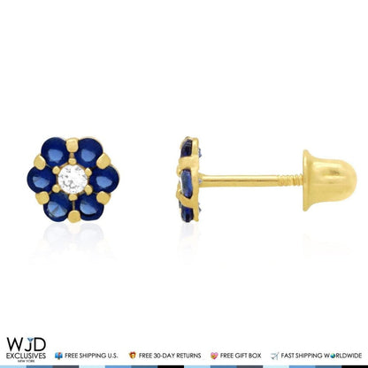 14K Yellow Gold Diamond and Sapphire Flower Screwback Stud Earrings 0.70Ct