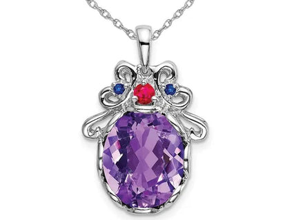 4.20 Carat (Ctw) Amethyst and Sapphire Pendant Necklace in Sterling Silver with