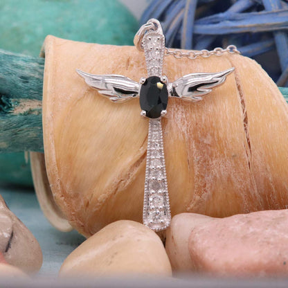 6X4 MM Oval Gemstone & round Diamond Angel Cross Pendant (Silver Chain Included)