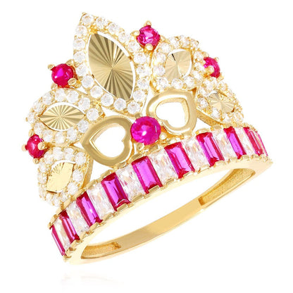 14K Yellow Gold 1.75CTW Simulated Diamond &Amp; Ruby Royal Crown Heart Cocktail