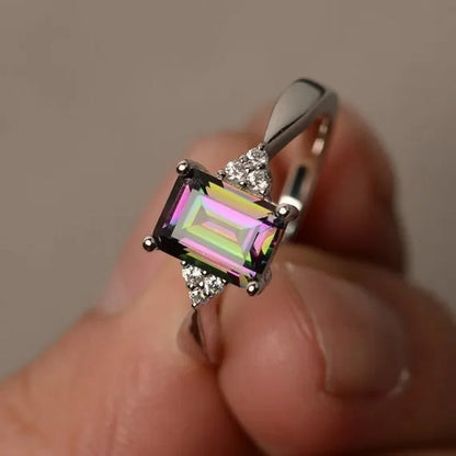 Exquisite Women'S 925 Sterling Silver Ring Princess Cut Mystic Rainbow Topaz Eng