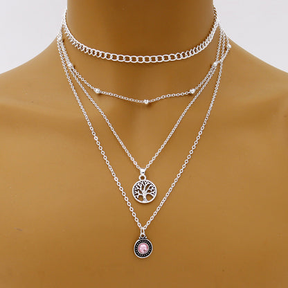 Fashion All-Match Retro Tree of Life Gemstone Point Diamond Pendant Necklace