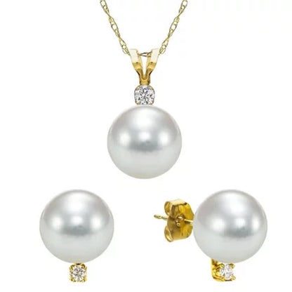 8-8.5Mm Akoya Pearl with 0.03 CT. T.W. Diamond Pendant and Earring Set in 14K Ye