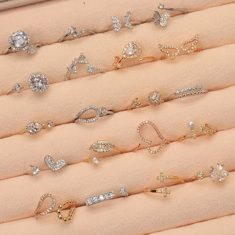 100Pcs/Lot Wholesale Copper Fashion Fancy Rings with Cubic Zirconia Mix Styles