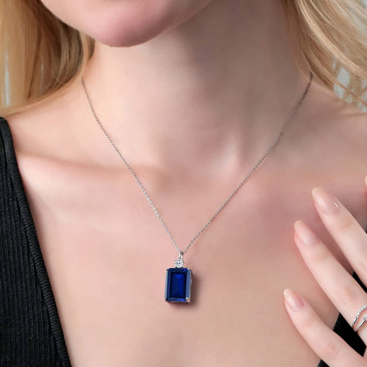 925 Sterling Silver Blue Created Sapphire and White Topaz Women'S Pendant Neckla